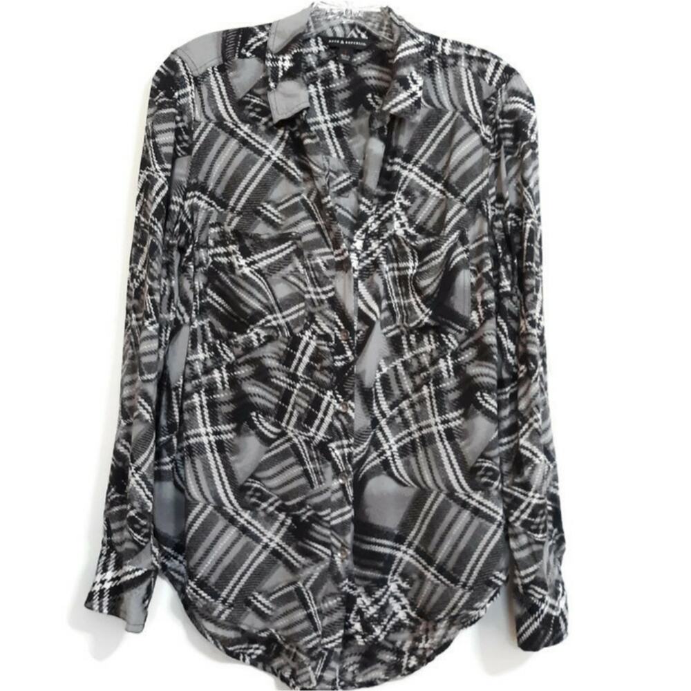 Rock & Republic button front gray plaid sz S soft!